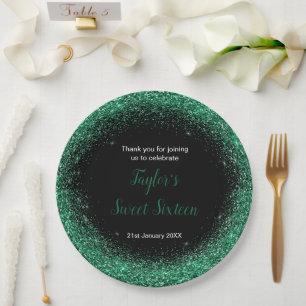 Dark Green Dress Faux Glitter Sweet 16 Birthday Paper Plate