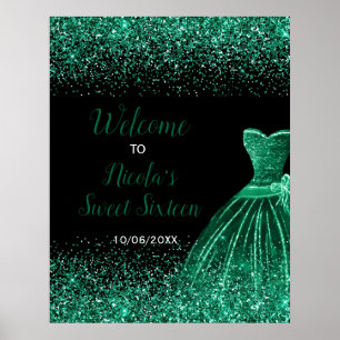 Dark Green Dress Faux Glitter Sweet 16 Welcome Poster