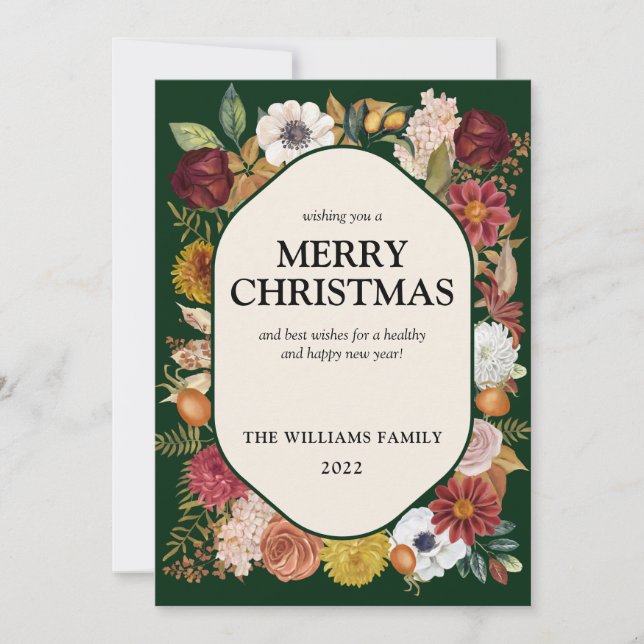 Dark Green Elegant Botanical Watercolor Floral Holiday Card (Front)