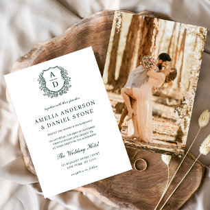 Dark Green Elegant Floral Crest Monogram Wedding Invitation