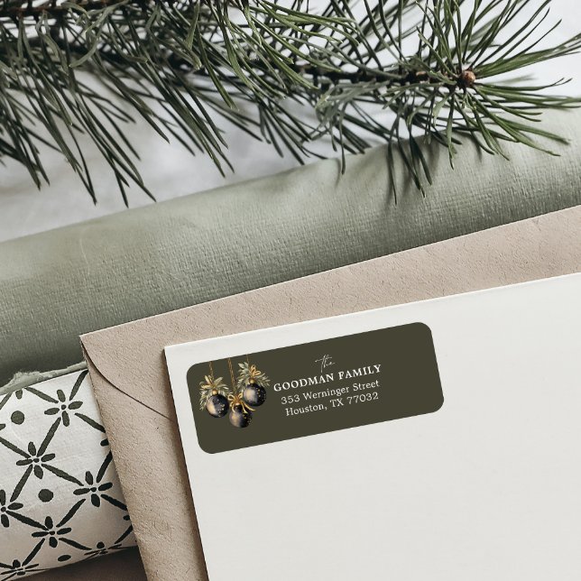 Dark Green Elegant Greenery Christmas Chic (CHRISTMAS LABEL WITH BAUBLES AND GOLD BLACK ORNAMENT AND CALLIGRAPHY ACCENT. DARK OLIVE)