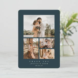 Dark Green Elegant Minimal 4 Photo Wedding Flat Thank You Card
