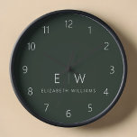 Dark Green Elegant Modern Minimalist Monogram Name<br><div class="desc">Enhance your home decor with our Classic Elegant Modern Minimalist Monogram Wall Clock. This exquisite timepiece seamlessly combines timeless elegance with contemporary minimalism, elevating your living space to new levels of sophistication. Crafted with precision and meticulous attention to detail, this wall clock is more than just a functional accessory; it's...</div>