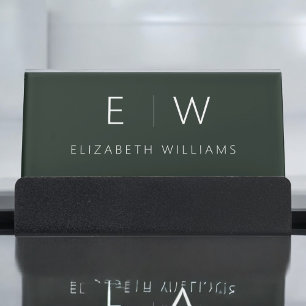 Dark Green Elegant Modern Minimalist Monogram Name Desk Business Card Holder