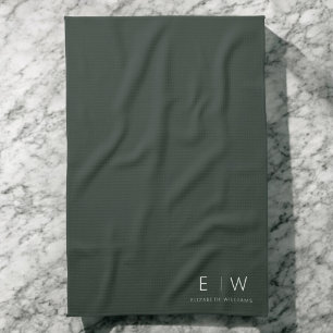 Dark Green Elegant Modern Minimalist Monogram Name Tea Towel