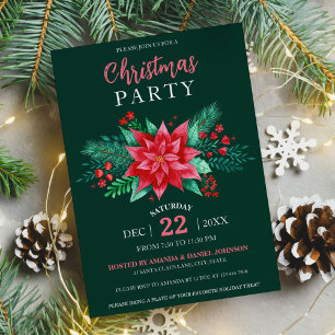 Dark Green Elegant Red Watercolor Poinsettia Invitation