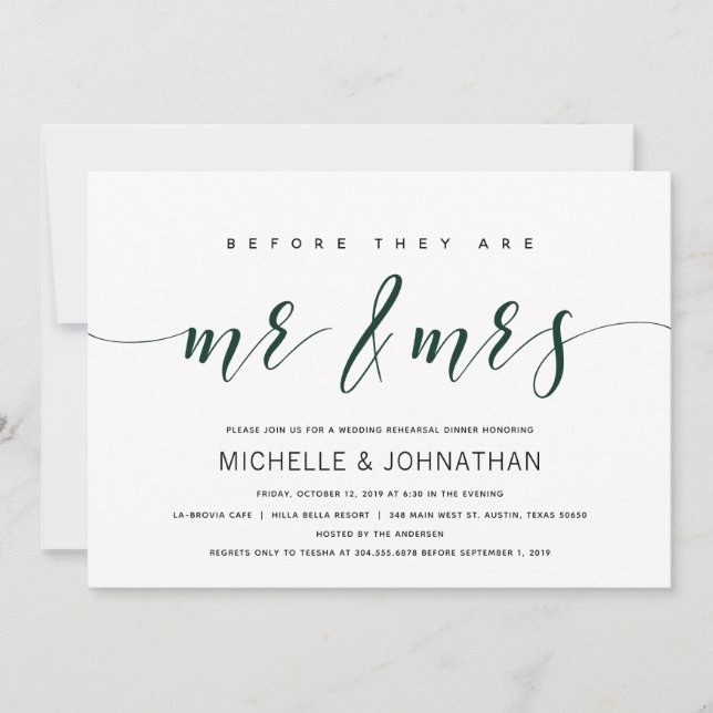 Dark green Elegant Wedding Rehearsal Dinner Invitation (Front)
