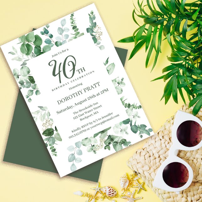 Dark Green Eucalyptus 40th Birthday Party Invitation (Need matching party supplies. Welcome signs, napkins, paper plates. Something else? Message me!)