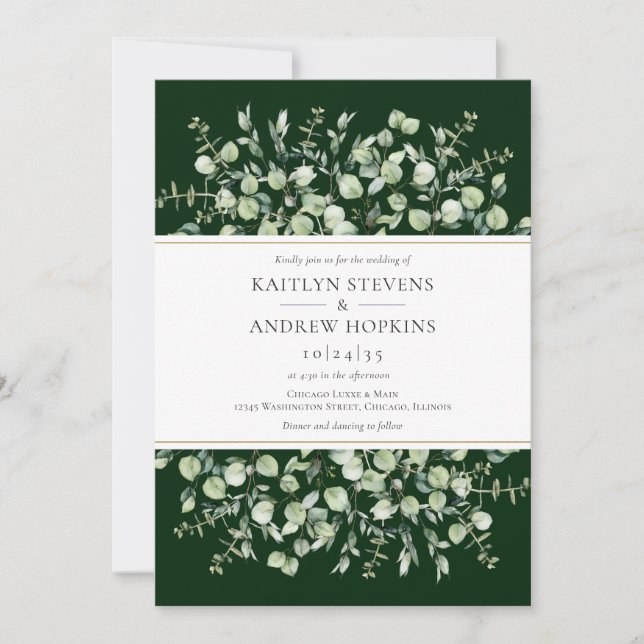 Dark Green Eucalyptus All In One Wedding Invitation (Front)