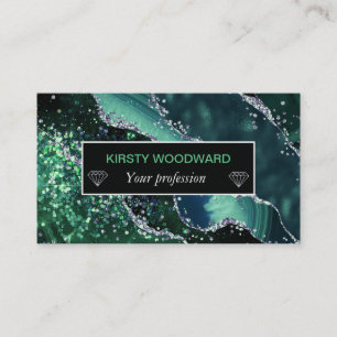 Dark Green & Faux Glitter Agate Business Card