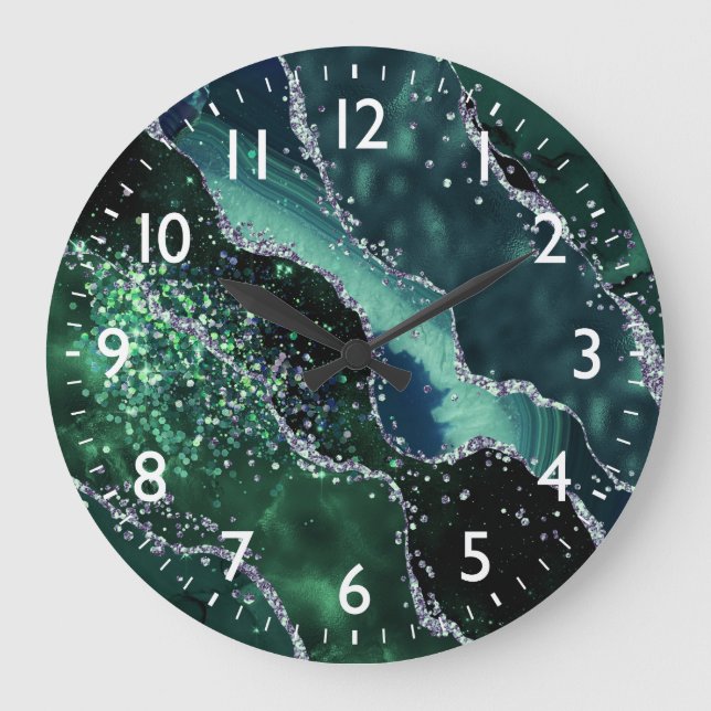 Dark Green & Faux Glitter Agate Monogram Large Clock (Front)