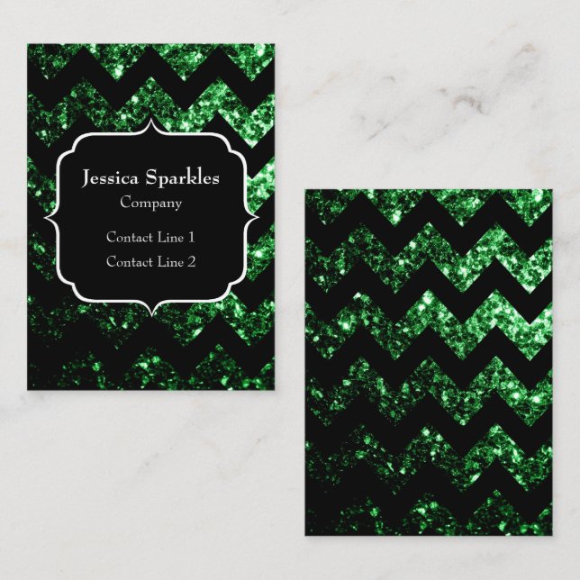 Dark green faux glitter sparkles black Chevron Business Card (Front/Back)