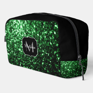 Dark green faux glitter sparkles black Monogram Dopp Kit