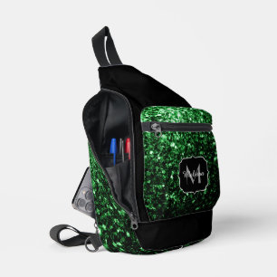 Dark green faux glitter sparkles Black Monogram Sling Bag