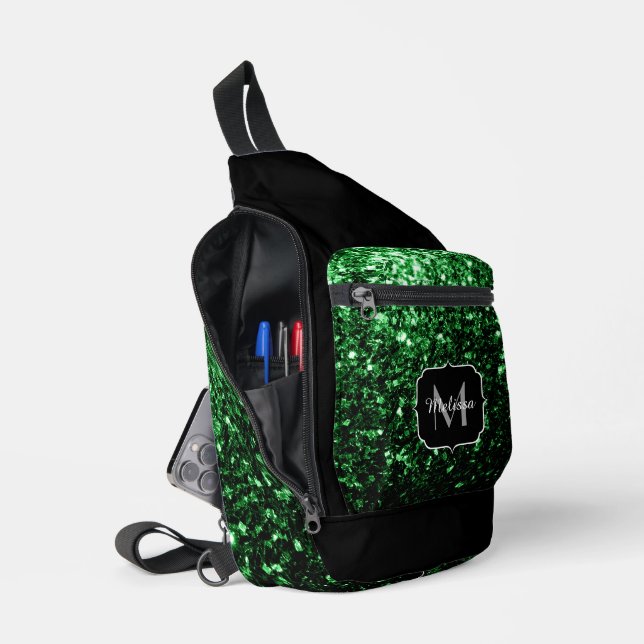Dark green faux glitter sparkles Black Monogram Sling Bag (Open)