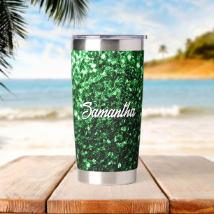 Dark green faux glitter sparkles Custom name Insulated Tumbler