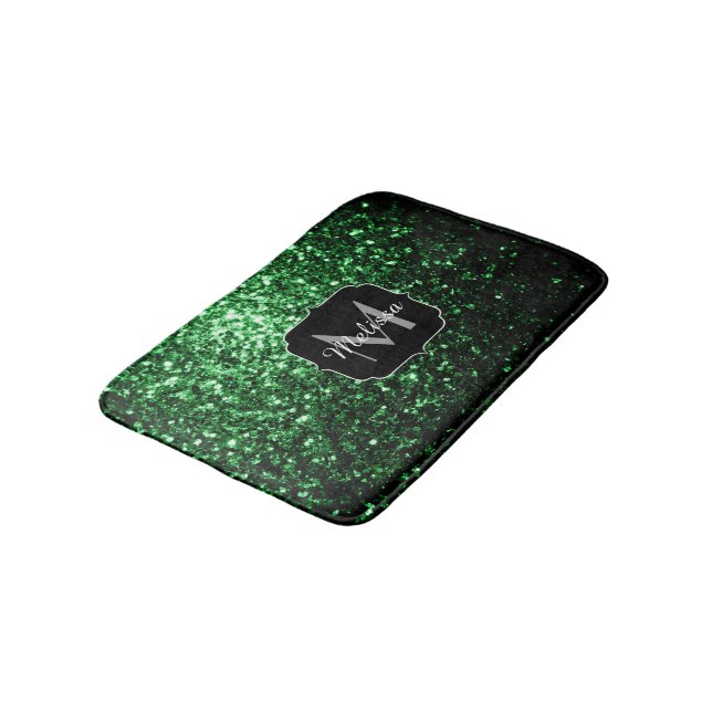 Dark green faux glitter sparkles Monogram Bath Mat (Angled)