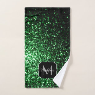 Dark green faux glitter sparkles Monogram Bath Towel Set