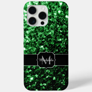 Dark green faux glitter sparkles Monogram iPhone 15 Pro Max Case
