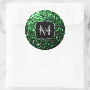 Dark green faux glitter sparkles Monogram Classic Round Sticker