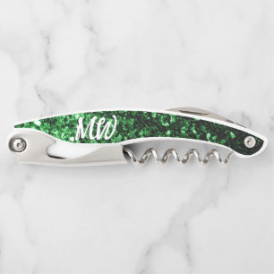 Dark green faux glitter sparkles Monogram Corkscrew