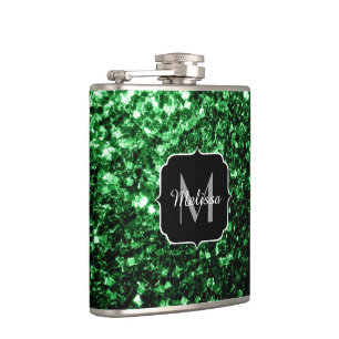 Dark green faux glitter sparkles Monogram Hip Flask