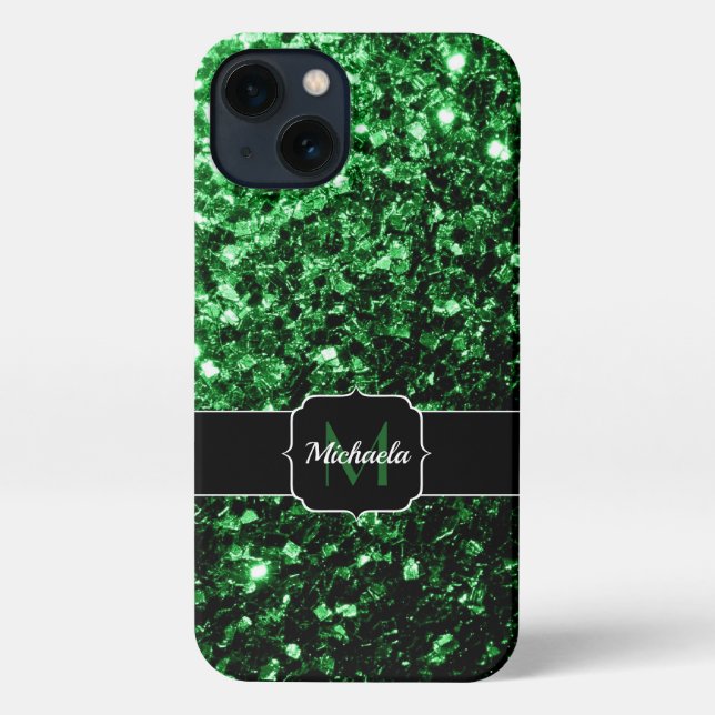 Dark green faux glitter sparkles Monogram iPhone Case (Back)
