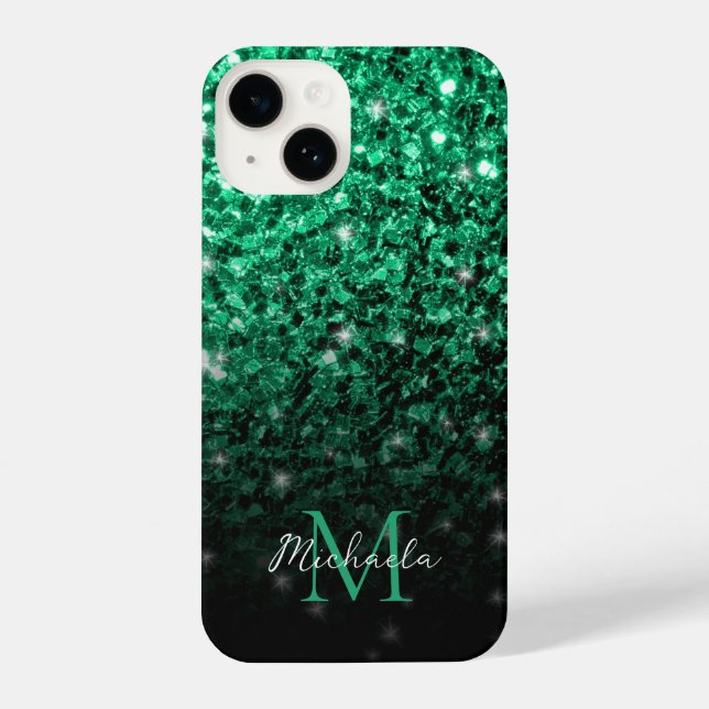 Dark green faux glitter sparkles Monogram iPhone Case (Back)