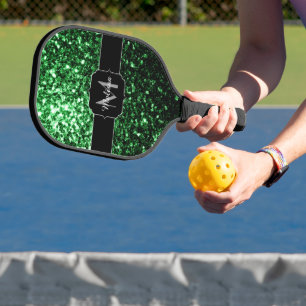 Dark green faux glitter sparkles Monogram Pickleball Paddle