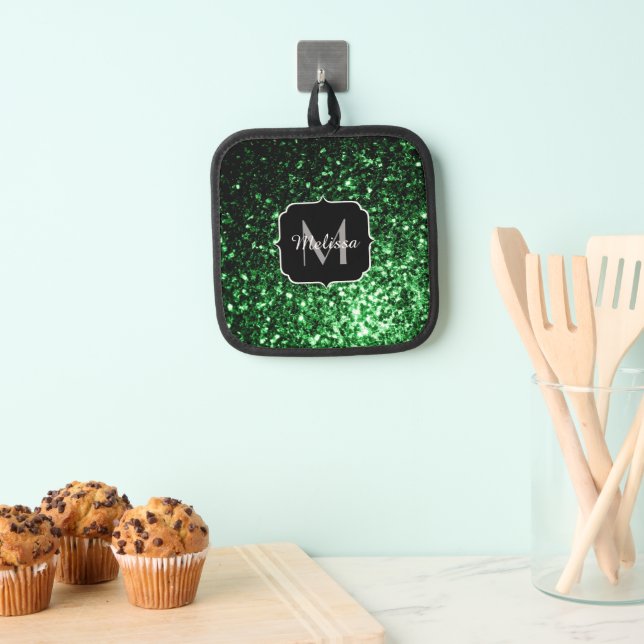 Dark green faux glitter sparkles Monogram Pot Holder (Insitu(Hanging))