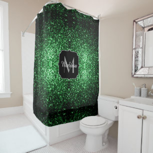 Dark green faux glitter sparkles Monogram Shower Curtain