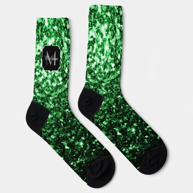 Dark green faux glitter sparkles Monogram Socks (Right)