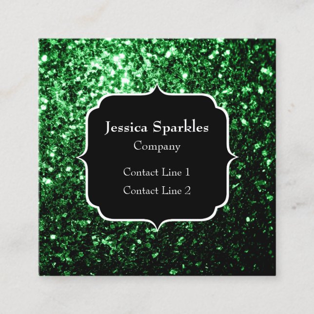 Dark green faux glitter sparkles Monogram Square Business Card (Front)