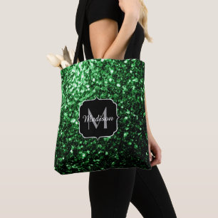 Dark green faux glitter sparkles Monogram Tote Bag