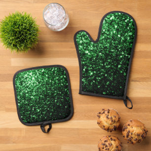 Dark green faux glitter sparkles oven mitt & pot holder set
