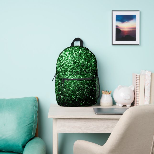 Dark green faux glitter sparkles printed backpack (Insitu)