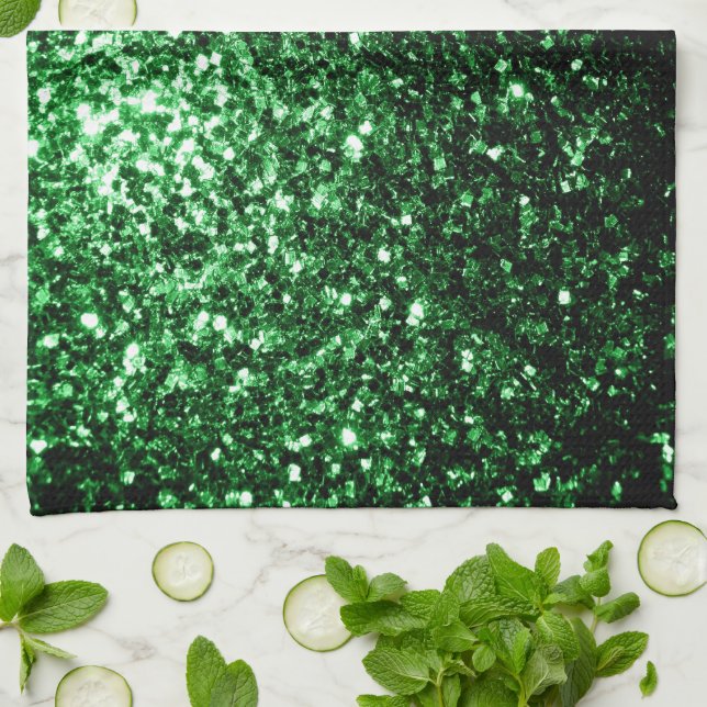Dark green faux glitter sparkles tea towel (Folded)