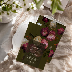 Dark Green Floral Moody Black Elegant Romantic Invitation