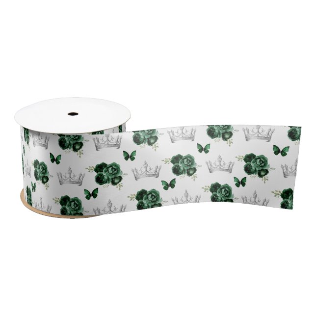 Dark Green Flowers and Silver Crowns Satin Ribbon (Spool)