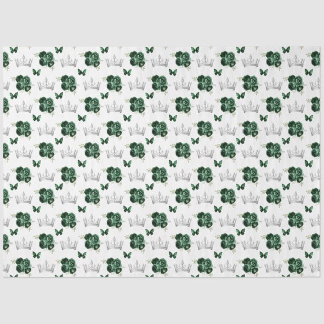 Dark Green Flowers and Silver Crowns Tissue Paper (Front)