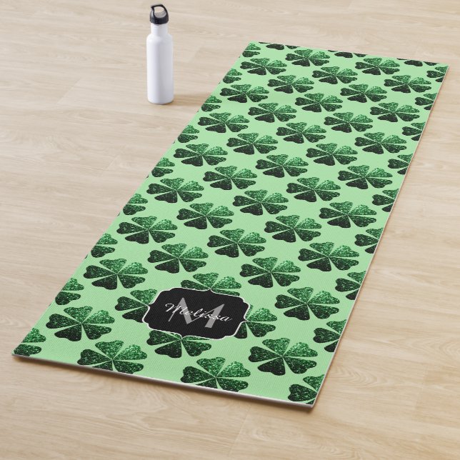 Dark Green glitter sparkle Shamrock Monogram Yoga Mat (In Situ)
