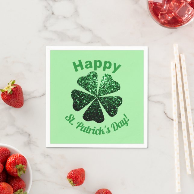 Dark Green glitter sparkle Shamrock St Patrick Day Napkin (Insitu)