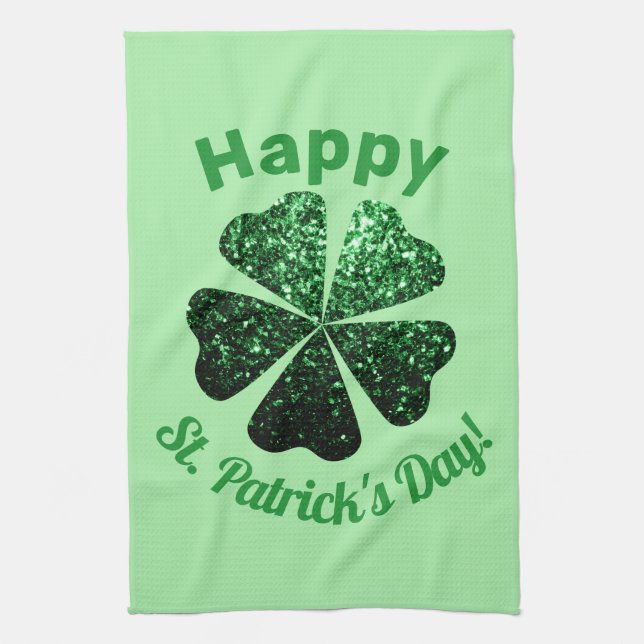 Dark Green glitter sparkle Shamrock St Patrick Day Tea Towel (Vertical)