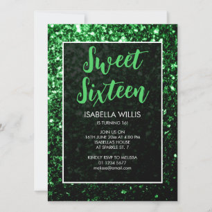 Dark green glitter sparkle Sweet 16 elegant script Invitation