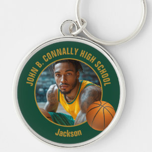 Dark Green Gold Basketball Player Photo Key Ring