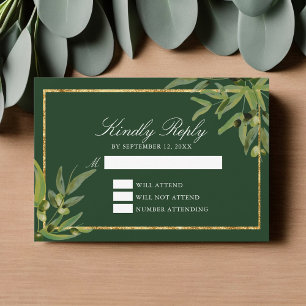 Dark Green Gold Botanical Leaf Kindly Reply RSVP Card