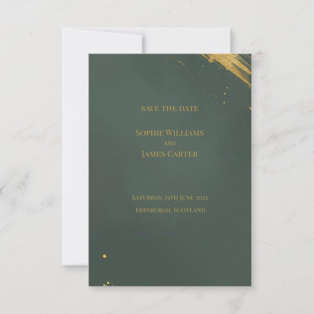 Dark Green Gold Brushstroke Luxury Wedding Save Th The Date (Front)