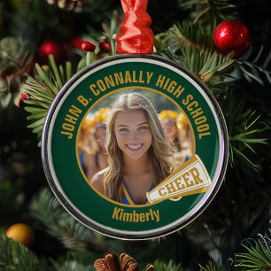 Dark Green Gold Cheerleader Photo Christmas Metal Tree Decoration