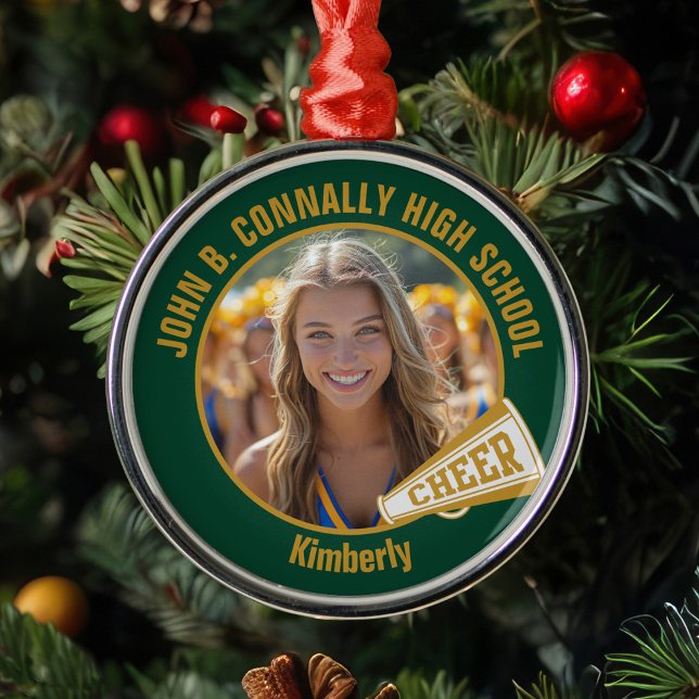 Dark Green Gold Cheerleader Photo Christmas Metal Tree Decoration (Creator Uploaded)