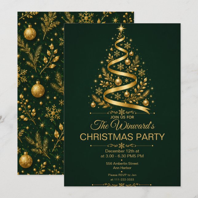 Dark Green Gold Christmas Party Invitation (Front/Back)